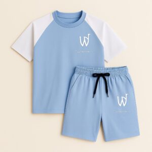 Wave Raglan Co-ord Set – Sky Blue & White | Puff Print Logo