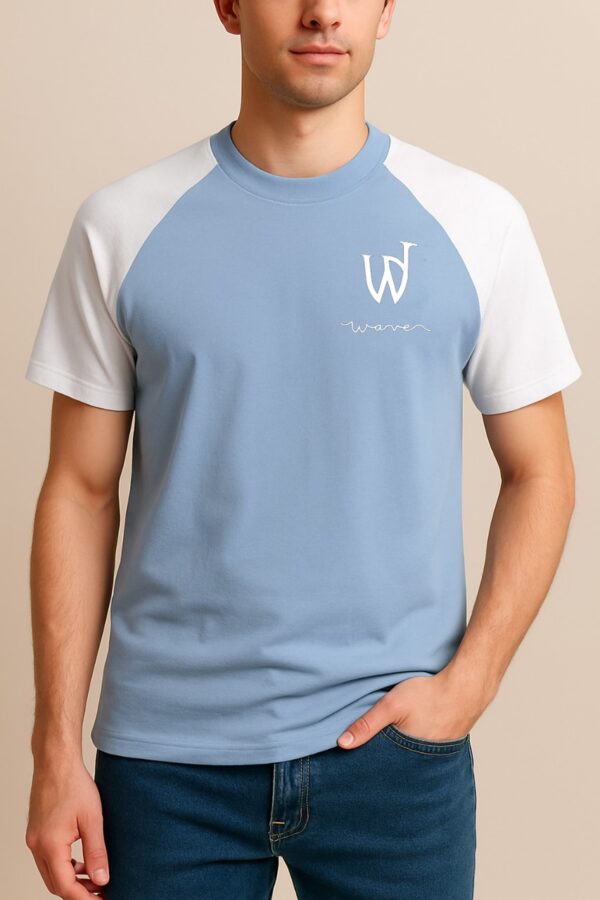 Wave Raglan T-Shirt – Sky Blue & White | Puff Print Logo - Image 3